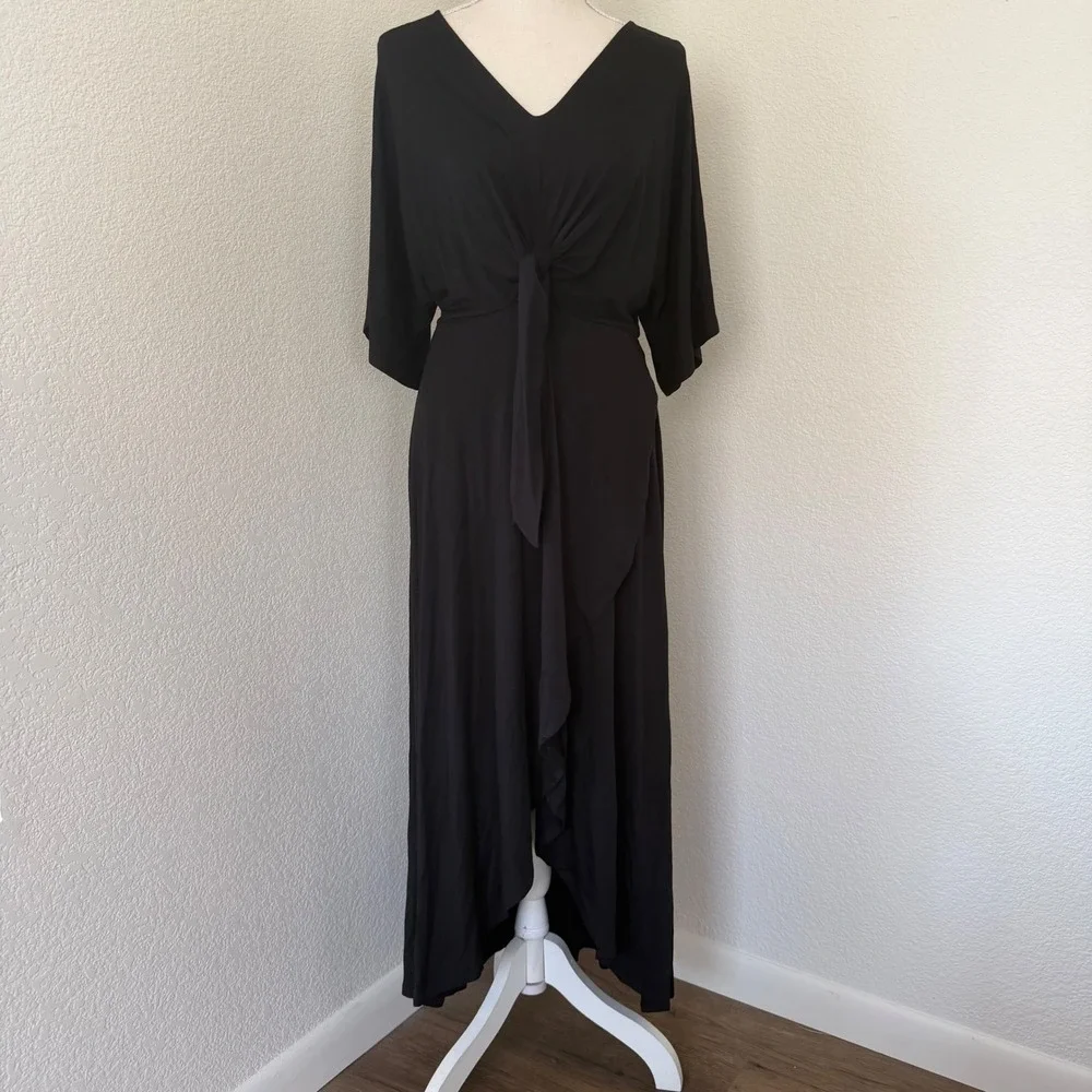 Farrow Midi Dress Womens Med Black Tie Front Kimono Sleeve Tulip Hem Wrap Look‎